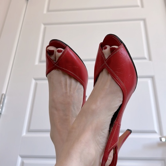 Vintage 70-80s red leather peep toe heel 👠 gold thread Marty Fuerst Detroit 9.5 - Picture 14 of 14